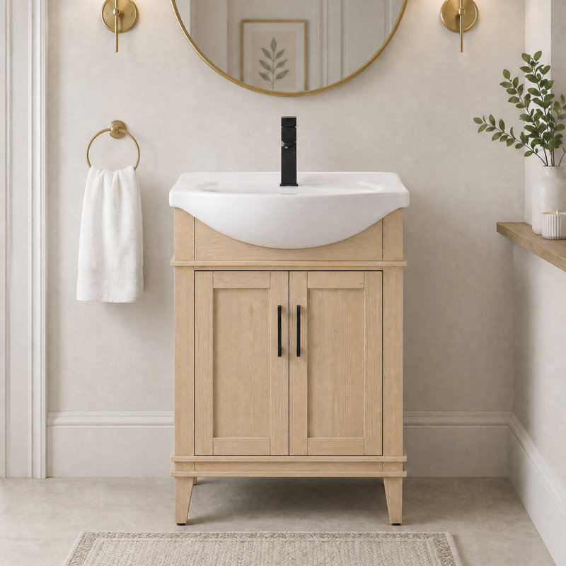 Ensemble de meuble-lavabo simple autoportant 24 po avec plateau en céramique Arlowene, Teak White Rustic, 24"