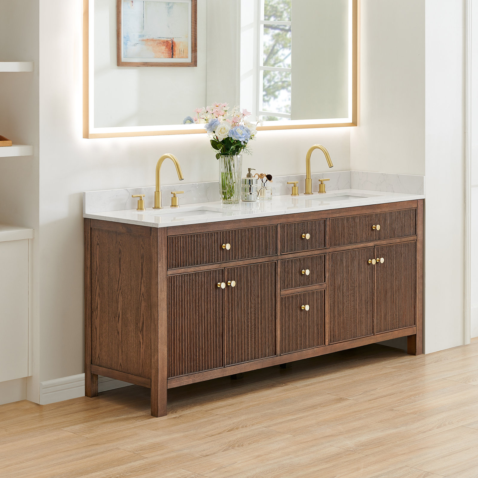 Lala 72" Double Bathroom Vanity, Brown Brushed Oak