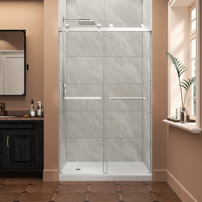 43"-48" W X 76" H Brushed Nickel Reversible Installation Double Bypass Sliding Shower Door Easy Installation Frameless Shower Door, 5/16"(8MM) Tempered Glass With Nano Explosion-Proof Film
