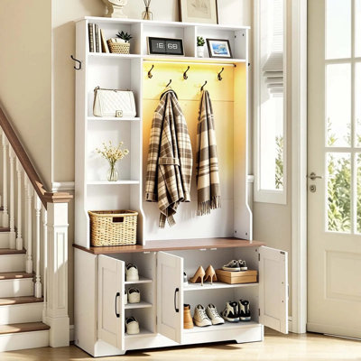 Hall Tree with Bench and Shoe Storage, 39" Wide, Entryway Hall Tree with Bench, Hanging Hooks, Storage Shelves, Adjustable Shoe Shelves, LED Light, Wooden, for Mudroom, Entryway, Hallway, White