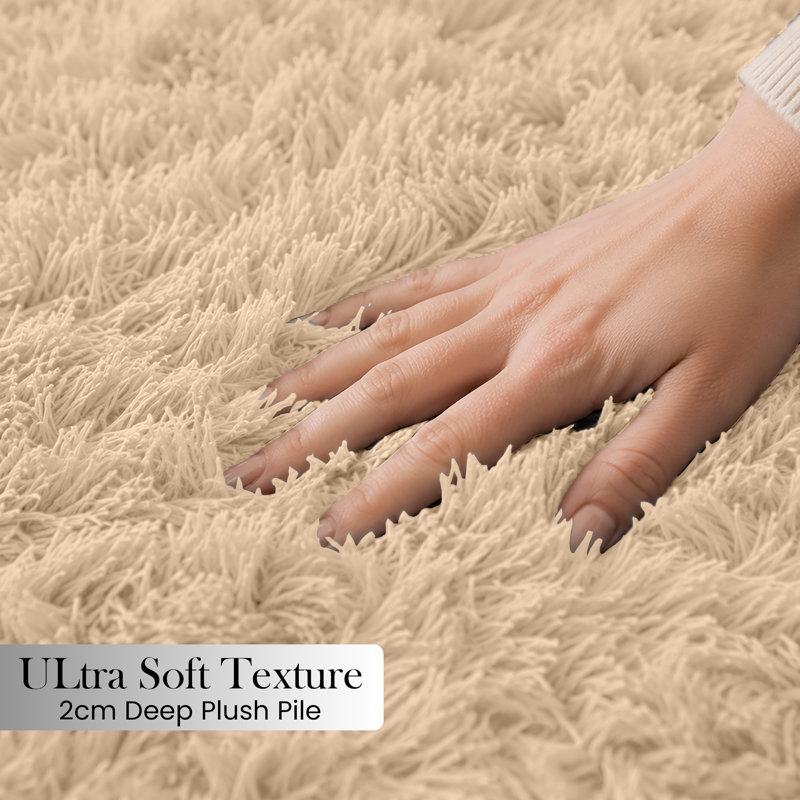 Luxury Plush Shaggy Area Rug & Runner, Soft Deep-Pile Non-Slip Living Room Carpet, Cream, Runner 80 x 150 cm