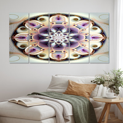 Mandal éthéré fractal en mauve II - décoration murale mandala boho - 5 panneaux égaux