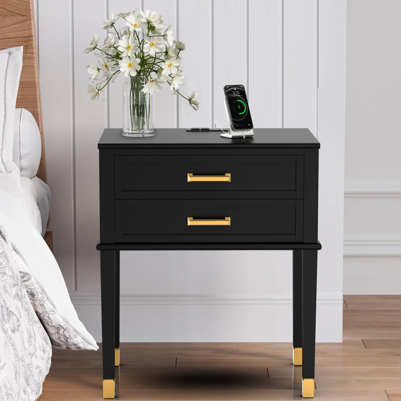 Table de chevet en bois massif avec grand tiroir, 2 prises de courant, 1 port USB et 1 port de type C, Noir