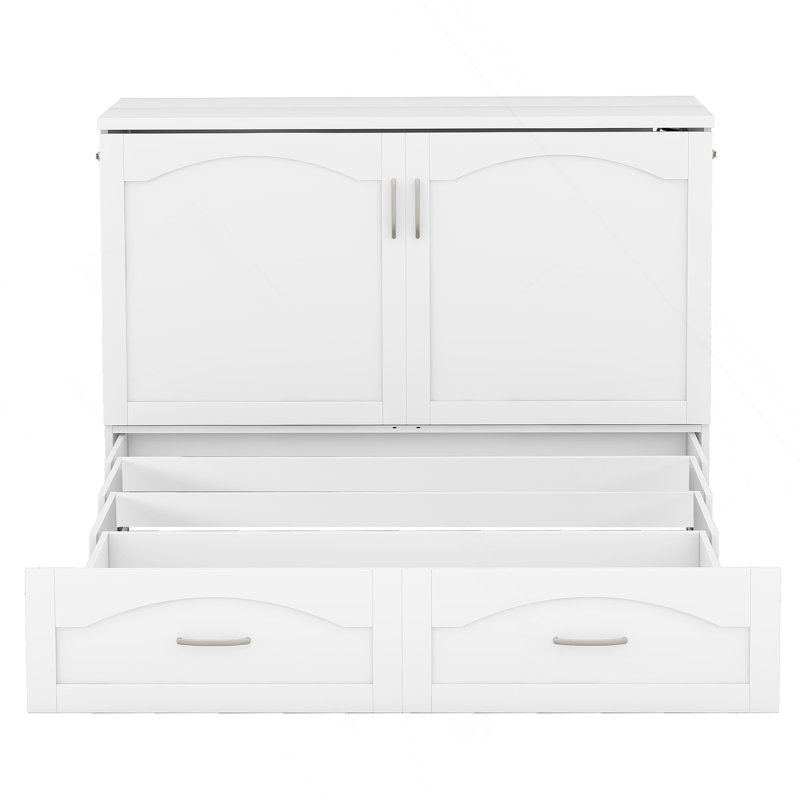 Lit escamotable Murphy avec tiroir et ensemble de prises et ports USB, structure à poulie, Blanc, Grand