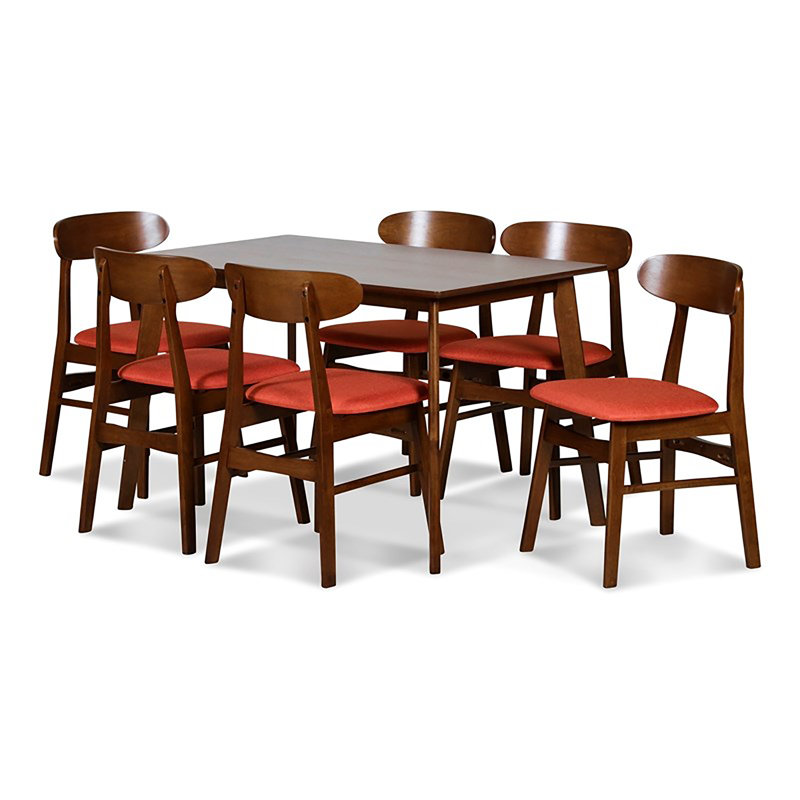 Ensemble de salle à manger en bois avec table rectangulaire et chaises Caveney, Orange, 7 pièces : table, 6 chaises