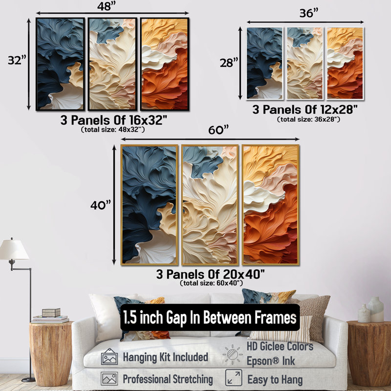 «Beige et orange Custards Collage III», ensemble d'art mural sur toile abstraite, H 40 po x l 60 po x P 1 po