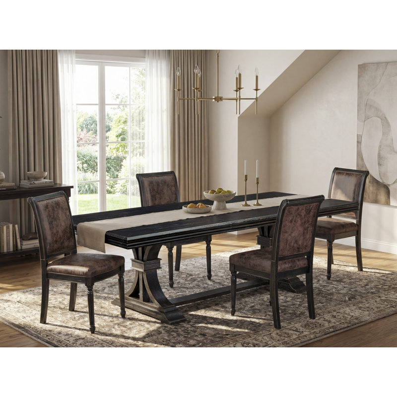 5-piece Mid-Century Dining Table Set consists of a Dining Table and 4 Brown Textured PU Leather Dinner Chairs with High Back - Sand Blasting Black Finish