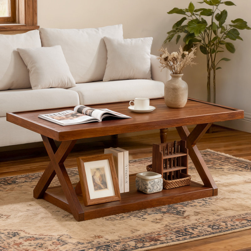 40 inch Solid Oak Wood Coffee Table With 2-Tier Storage（Load 300 Lbs）