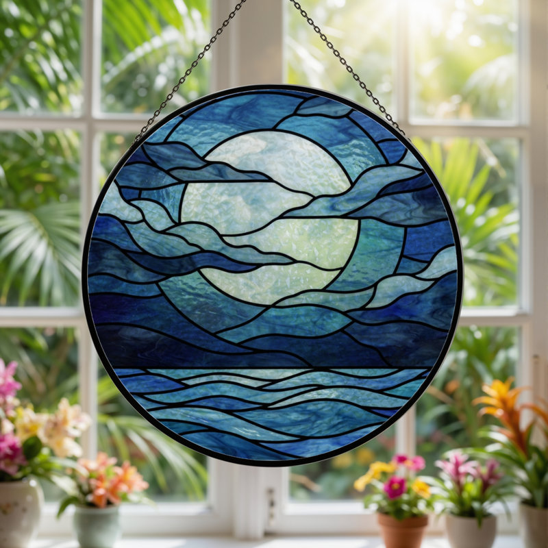 12"H Moon Waves Stained Glass Window Panel, 12" H x 12" W