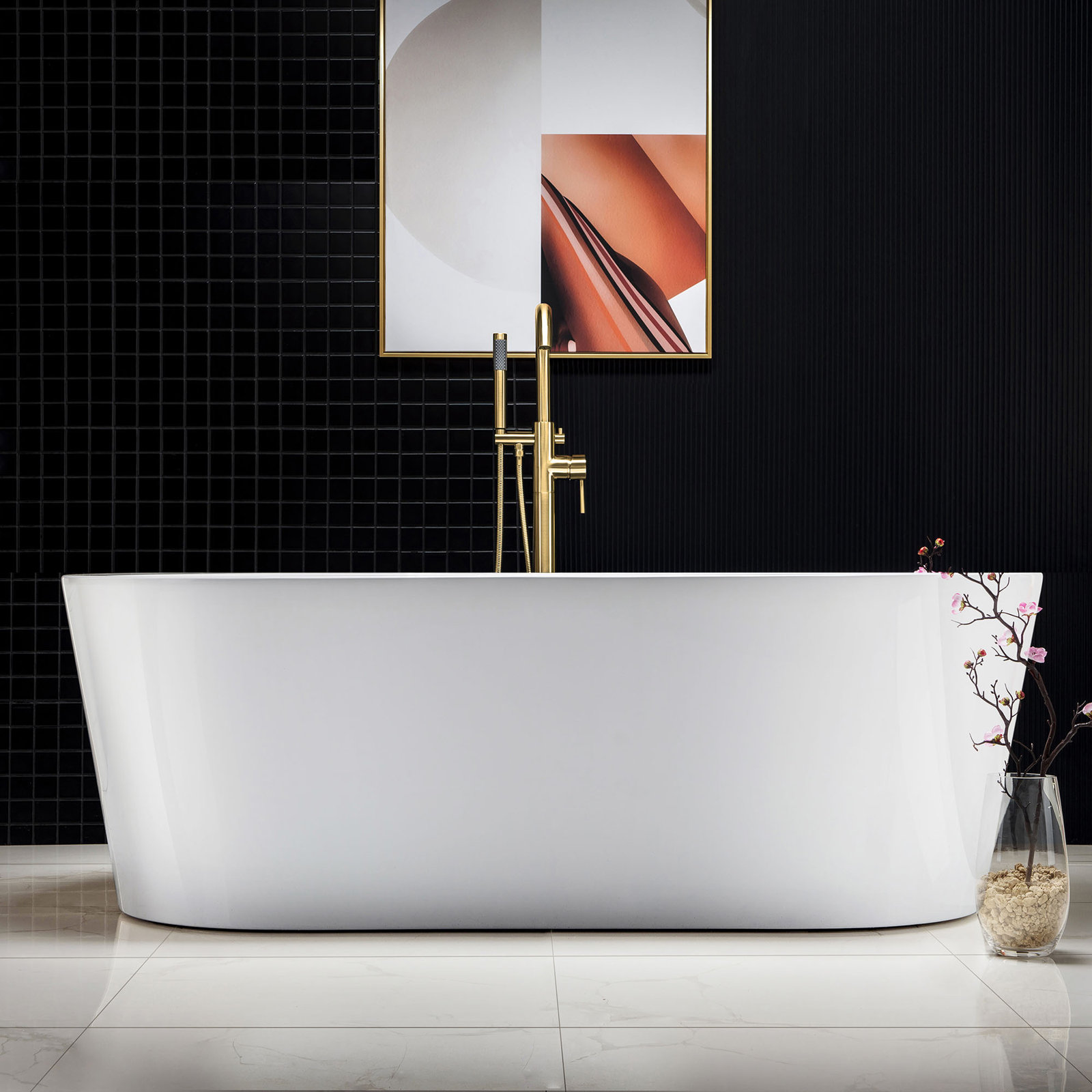 66.38" x 31.75" Freestanding Soaking Acrylic Double Ended Bathtub with Wide Rim, Brushed Gold