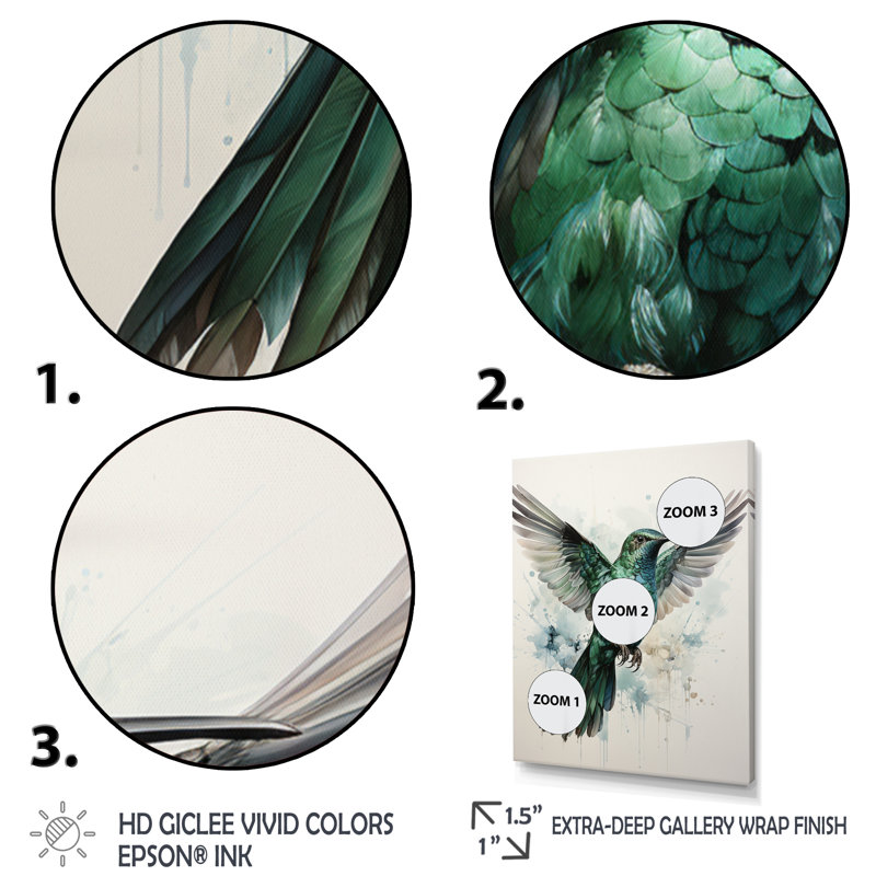 «Deux colibris gris sarcelle» - reproduction sur toile, H 20 po x l 12 po x P 1 po, Toile tendue