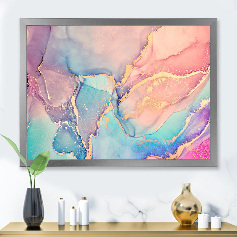 Art liquide rose et bleu II - reproduction sur toile, H 34 po x l 44 po, Cadre photo argenté