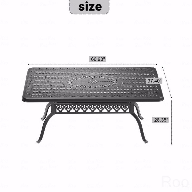 Table de salle à manger en fonte d'aluminium avec structure noire et trou pour parasol