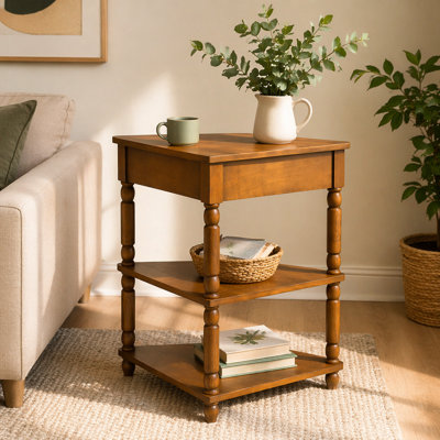 33.8'' Small Triangle Corner Table, Wood Corner Side Table for Small Spaces/ Living Room, 3 Tier End Corner Table with Solid Wood Legs
