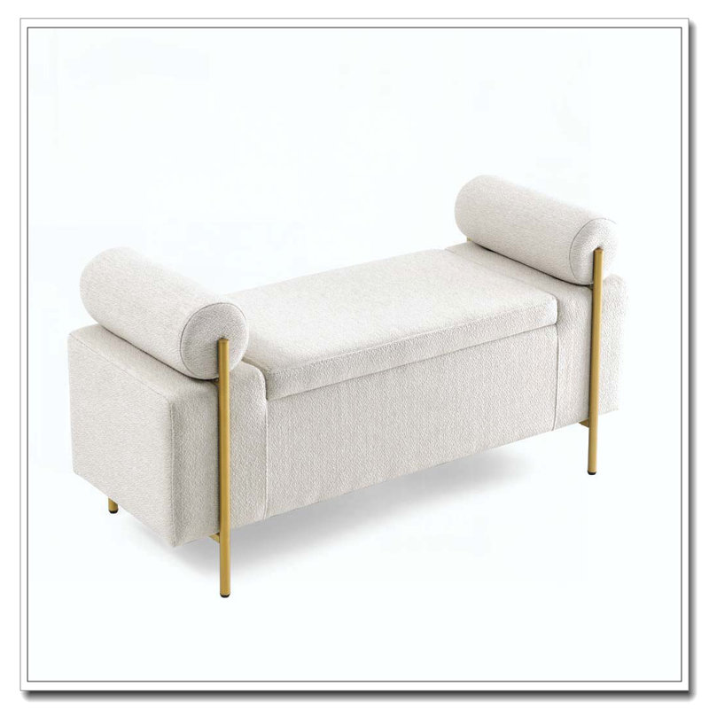 Banc de rangement en velours avec accoudoirs cylindriques et pieds en fer, Beige