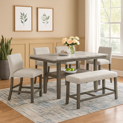 Jeny 6Pc Counter Height Dining Set, Gray Bench Chairs, 60 Inch Faux Marble
