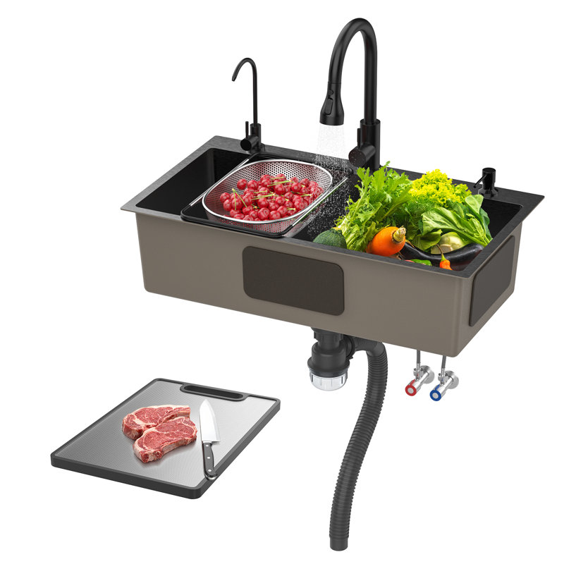 Évier de cuisine encastré noir de 31 pouces - évier simple en acier inoxydable, éviers de cuisine avec planche à découper et panier de drainage, évier d'établi (31,5 po x 17,7 po)