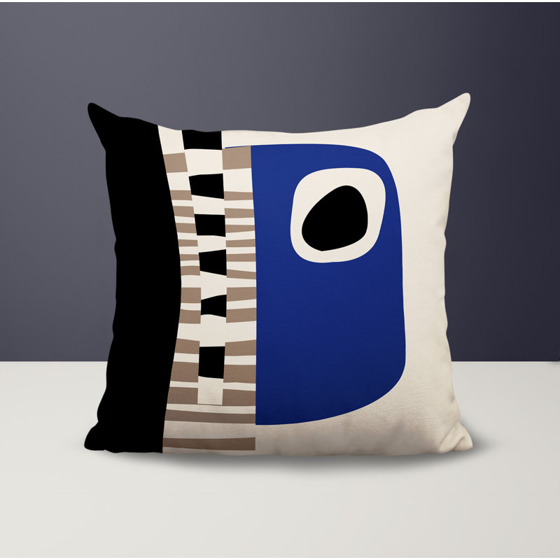 Oreiller carré réversible intérieur / extérieur Rikka, Bleu marine / noir / blanc cassé abstrait, H 17 po x l 17 po