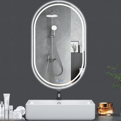 Miroir de salle de bain ovale à DEL 20 po x 33 po - Miroir de courtoisie lumineux sans cadre, rétroéclairage avant et arrière, antibuée, intensité variable, IP65