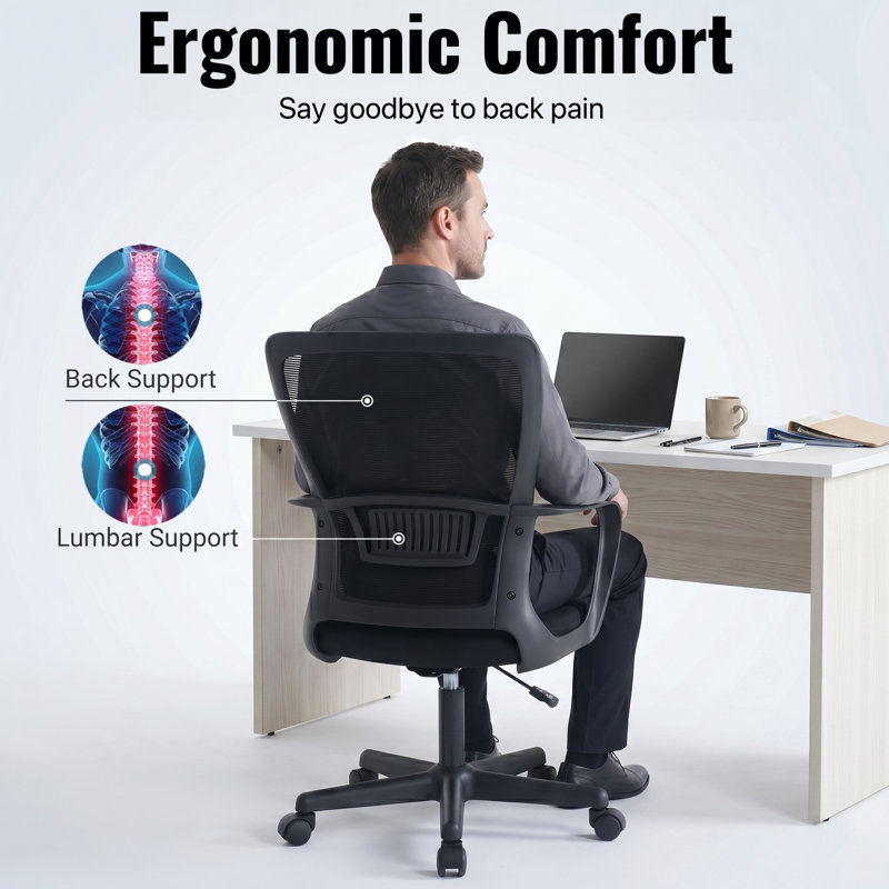 Swivel Home Office Chair with Lumbar Support, Breathable Mesh Desk Chair with Fixed Armrest & Adjustable Height, Mid-Back Computer Chair for for All-Day Productivity