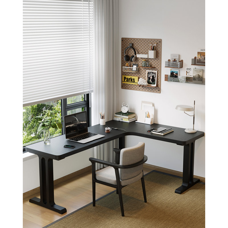 Bureau en L noir en bois massif, H 29,53 po x l 55,12 po x P 47,24 po