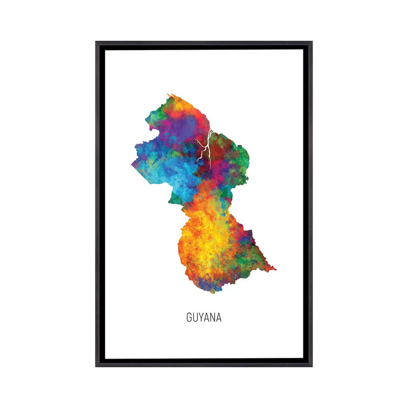 Carte de Guyana par Michael Tompsett-impression d’art graphique, H 40 po x l 26 po x P 1,5 po, Toile avec cadre noir patiné