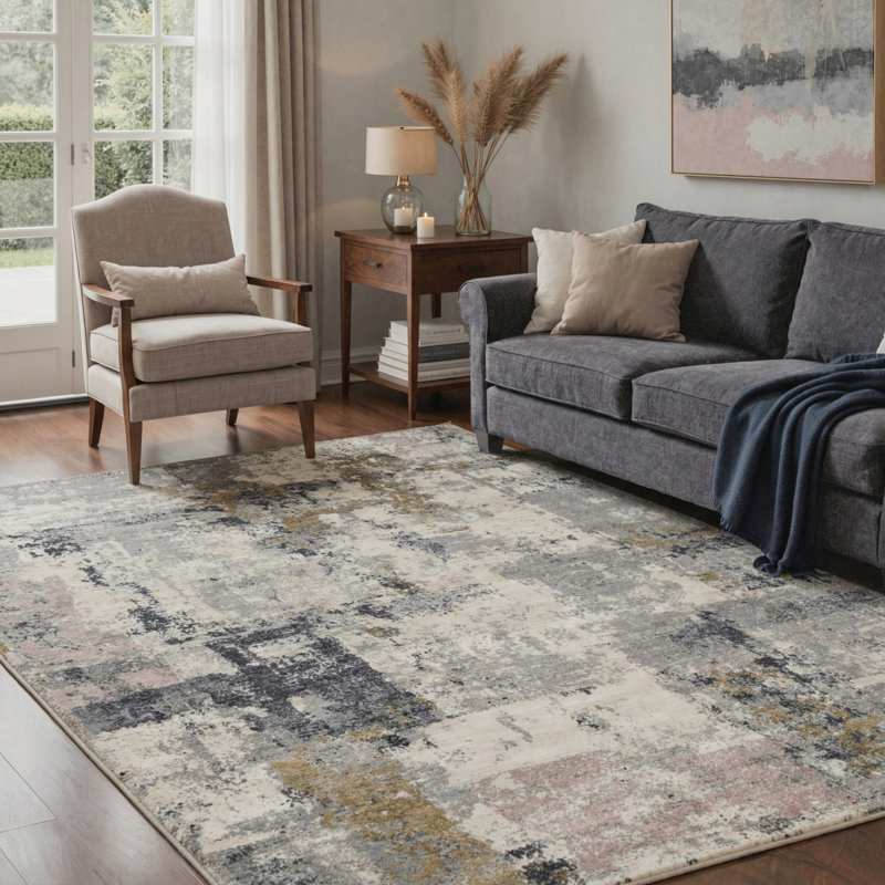 Tapis intérieur beige / noir / gris lavable à la machine à motif abstrait antidérapant Mignone Novara, Rectangle 8' x 10'