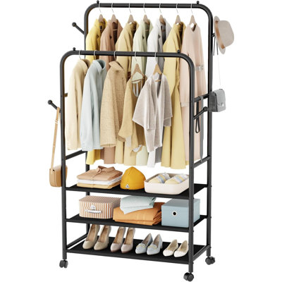Double Rods Clothing Rack With Wheels And 3-Tier Storage Shelf, Clothes Rack For Hanging Clothes With 4 Hooks, Portable Garment Rack Wardrobe Organizer For Bedroom/Living Room, Black