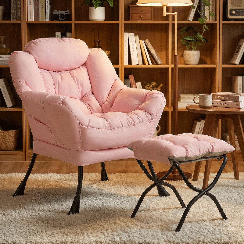 Upholstered Lazy Chair with Ottoman, Modern Accent Lounge Chair Reading Armchair with Footrest and Side Pocket, Pink