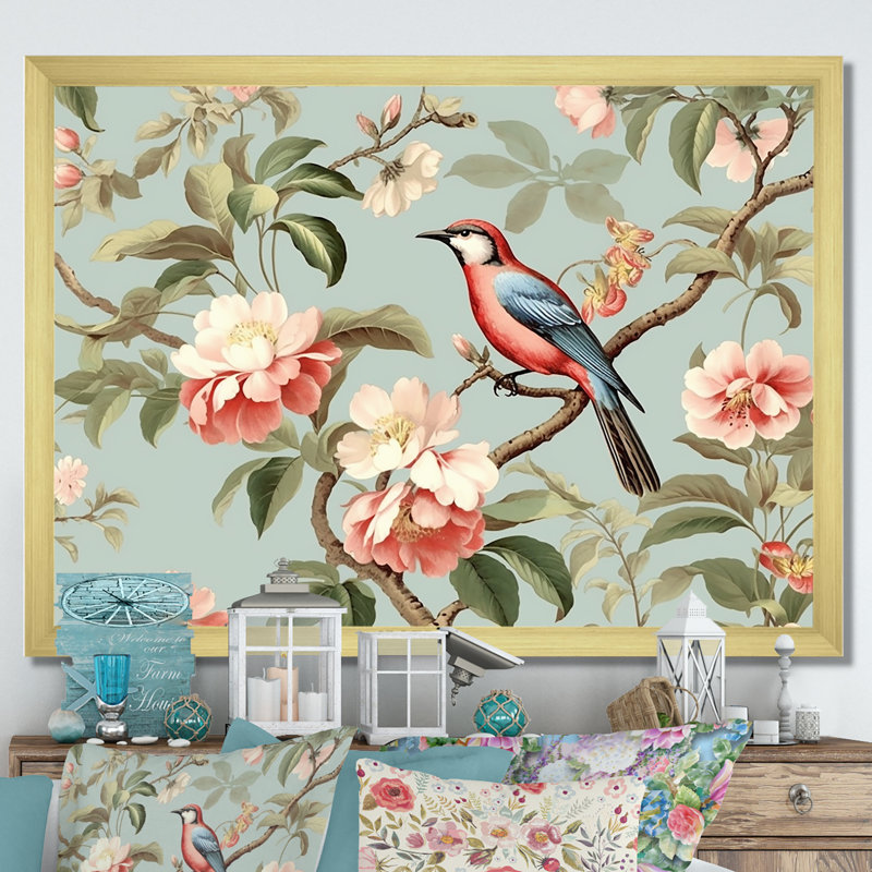 Chinoiserie, oiseaux et pivoines III sur toile, Cadre doré simple, H 30 po x l 40 po x P 1,5 po