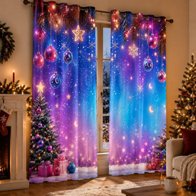 2 pièces d'arbre de Noël boule de flocons de neige suspendus à motif d'ornement, rideaux bloquant le soleil, festif, vacances d'hiver, lune, galaxie, ciel, œillets, imprimé, pour chambre, salon, décor pour la maison