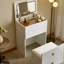Meuble-lavabo 3 en 1 blanc avec tiroirs, miroir rabattable, tabouret rembourré, éclairage à DEL et rangement caché pour bureau visuel de chambre à coucher