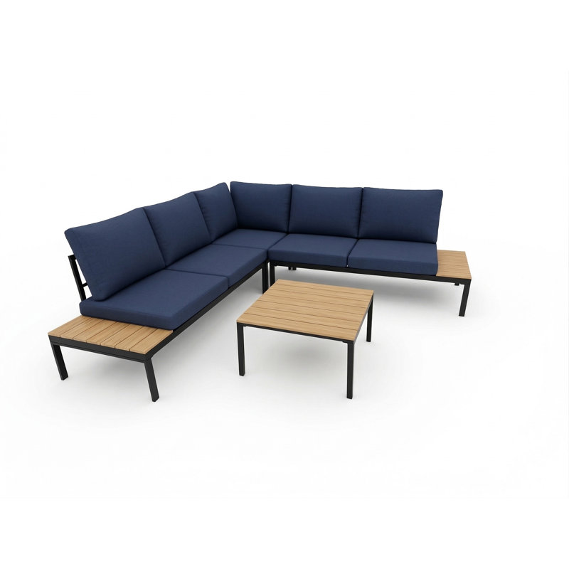 Modern L-Shaped Patio Sectional Set with Wood Accents & Navy Cushions