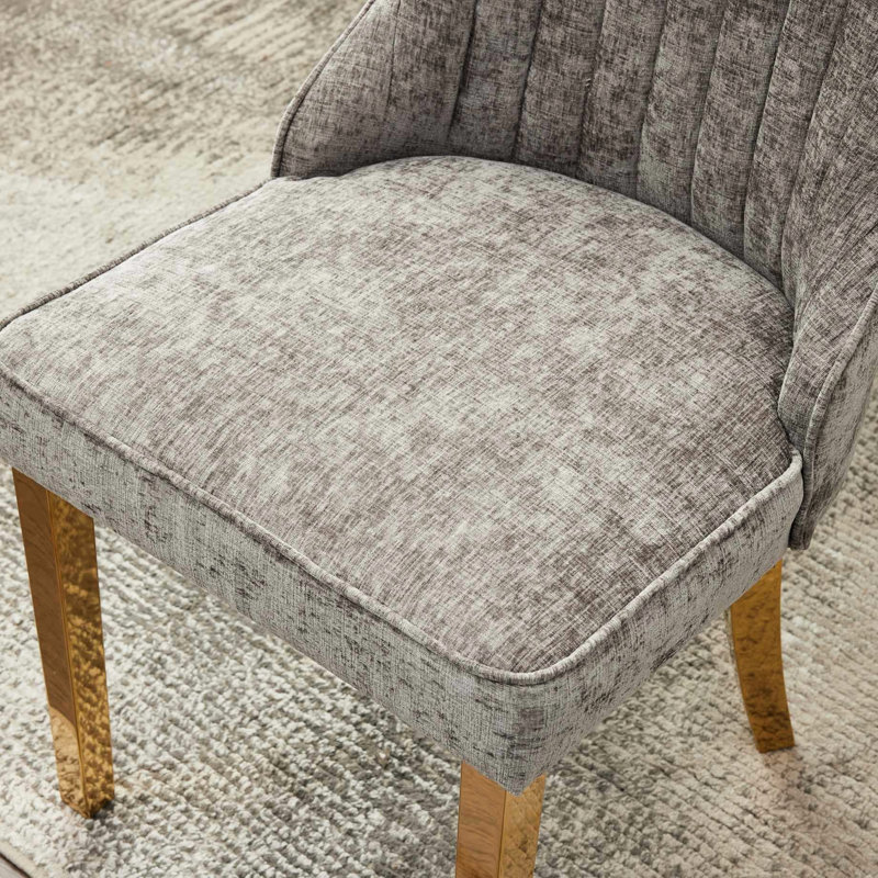 Chaises de salle à manger en rayonne grise de 2 pièces en rayonne, American Traditional, pieds en acier inoxydable plaqué or, haut pour une assise confortable en chenille traditionnelle 2 pièces et triple élastique