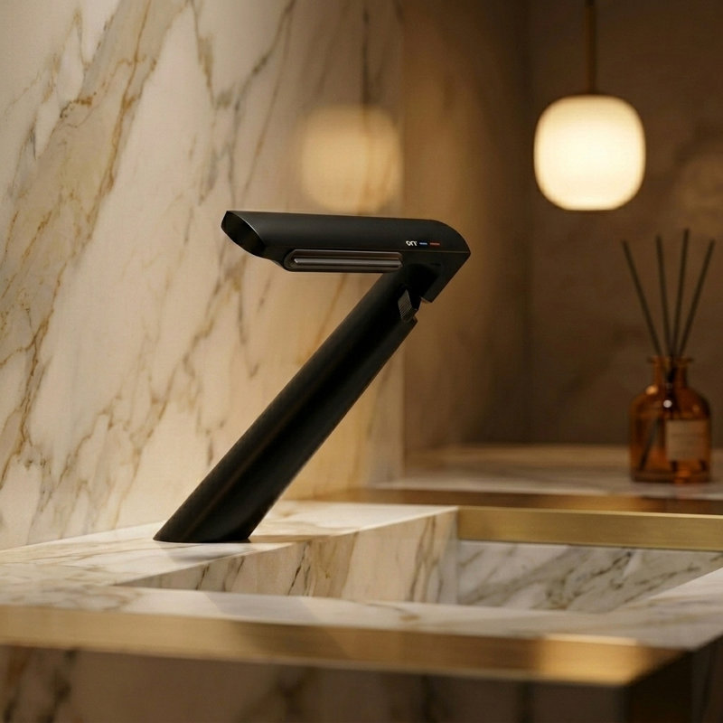 Single Hole Bathroom Sink Faucet Designer Waterfall Faucet with Angled Body and Side Handle, Matte Black