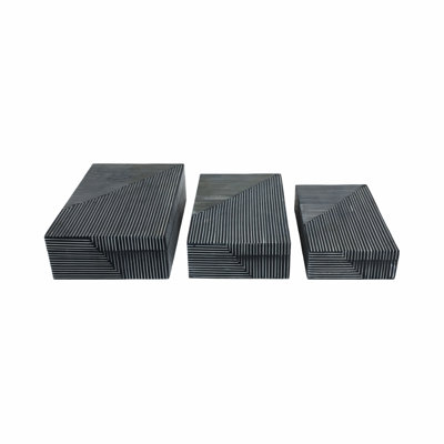 Decorative Boxes Resin Wood Fabric Polyresin MDF Striped Contemporary Modern 12" Blue for Home Office Bedroom Living Room Set of 3.