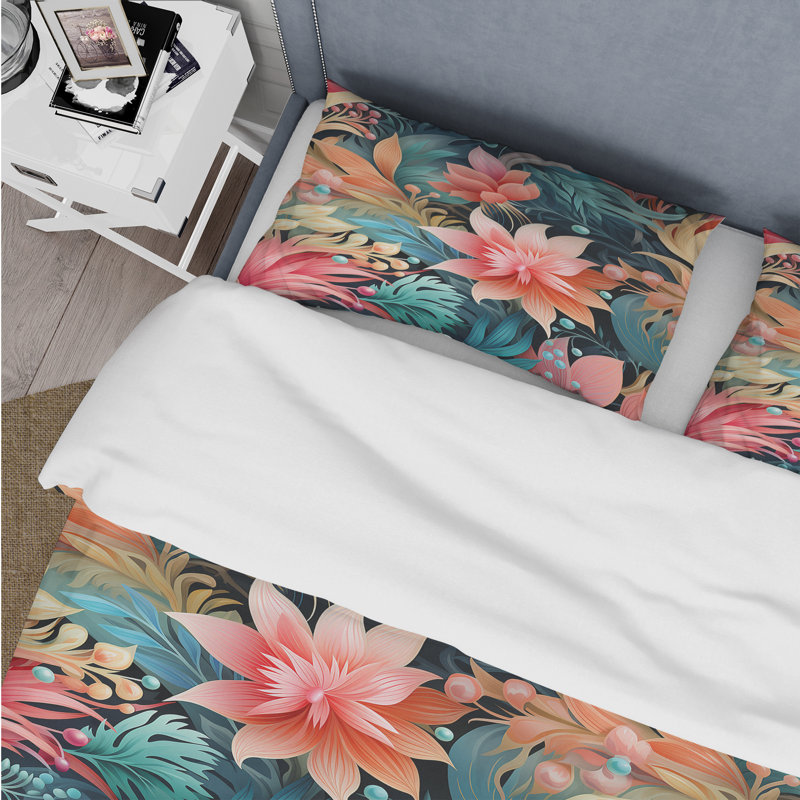 Literie Coral Illusion, Housse de couette pour grand lit et 2 taies décor