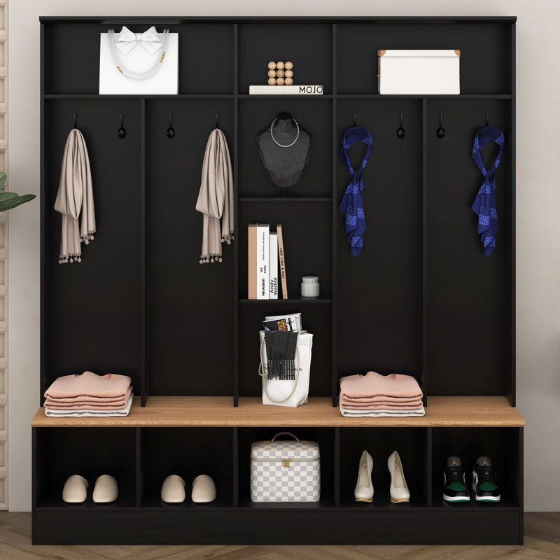 Wide Design Hall Tree With Storage Bench,Shoe Cabinet With Cube Storage & Shelves, Multifunctional Coat Rack With 8 Hooks