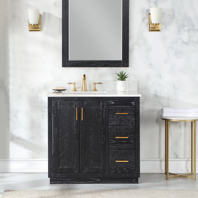 Ensemble de meuble-lavabo simple 36 po avec comptoir en pierre d'ingénierie blanche sans miroir Gazsi, Chêne noir