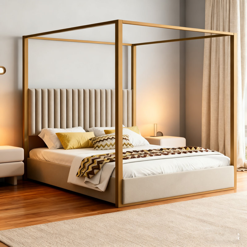 Queen Size Upholstery Canopy Platform Bed With Headboard And Metal Frame