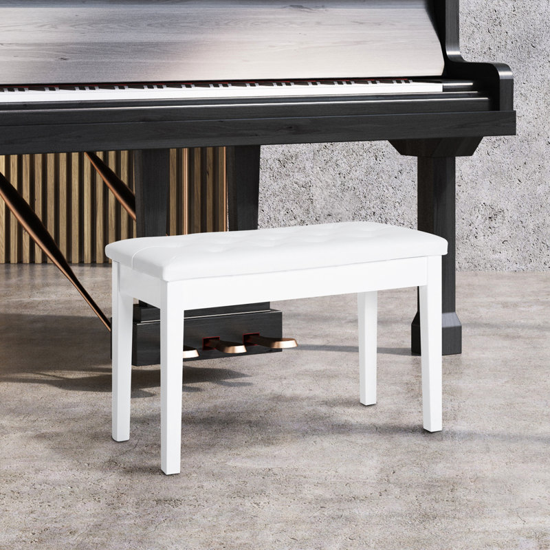 White Duet Piano Chair With Faux Leather Upholstery And Stable Wooden Structure Bench In White, Featuring Cushion Strong Support For Duets Playing