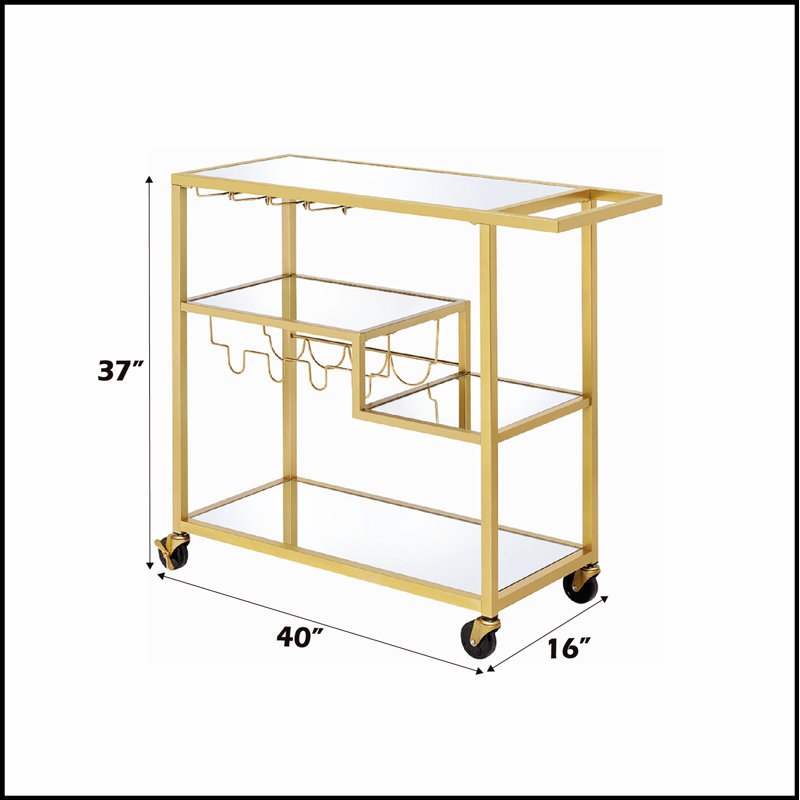 Chariot de service Adamsen avec miroir et finition champagne avec porte-bouteilles et porte-verres à pied, parfait pour les réceptions et un rangement élégant.