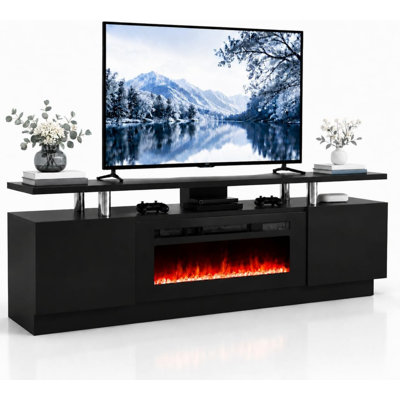 Meuble télé avec foyer électrique intégré de 152 cm (60 po) et insert de 76 cm (30 po), console multimédia pour téléviseurs jusqu'à 165 cm (65 po), chauffage de 750 W/1500 W, 12 couleurs de flamme, commandes tactiles DEL, armoire de rangement en MDF et verre trempé, blanc