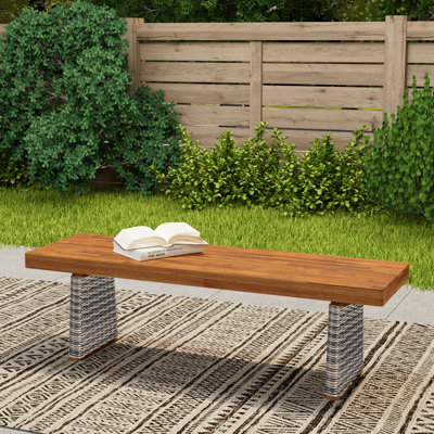 Henry Outdoor Acacia Wood Dining Bench With PE Wicker Legs