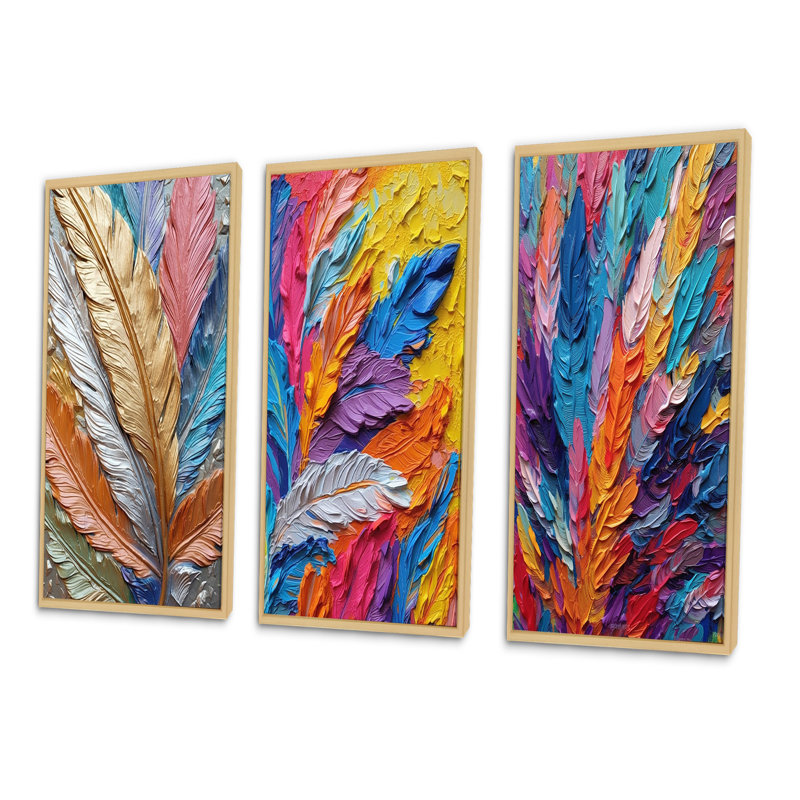 «Rough Texture Colorful Feathers Peinture I», 3 pièces sur toile, Encadrement brun, H 40 po x l 60 po