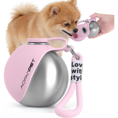 2-in-1 Portable Travel Stainless Steel Dog Water Bottle, 10-oz, Pink