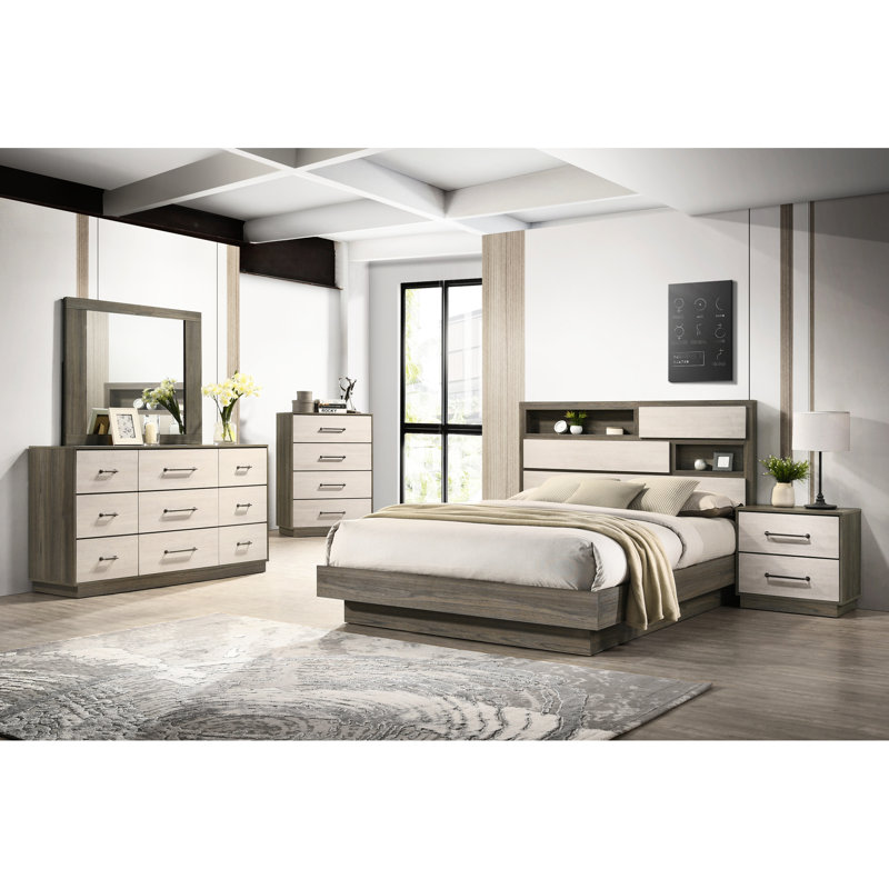 Bois moderne, grand lit, tête de lit à deux tons, rangement, cadre de lit plateforme, chambre à coucher, sans sommier beige et brun, design, requis