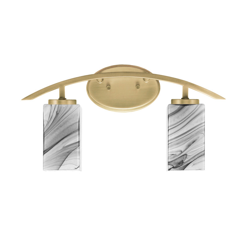 Barre d'éclairage de salle de bain 2 lumières kurve au fini laiton nouvel âge avec verre tourbillon onyx carré de 3,5 po