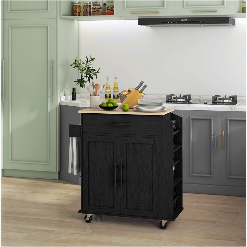 Îlot de cuisine avec rangement, chariot de cuisine roulant avec prises CA et ports USB, support à micro-ondes avec serviette et support à épices