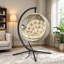Hanging Egg Chair Outdoor Indoor Garden Swing Chair with Folding Basket, Garden Hanging Chair with Stand, Thickened Cushion, Cup Holder for Patio, Balcony, Khaki